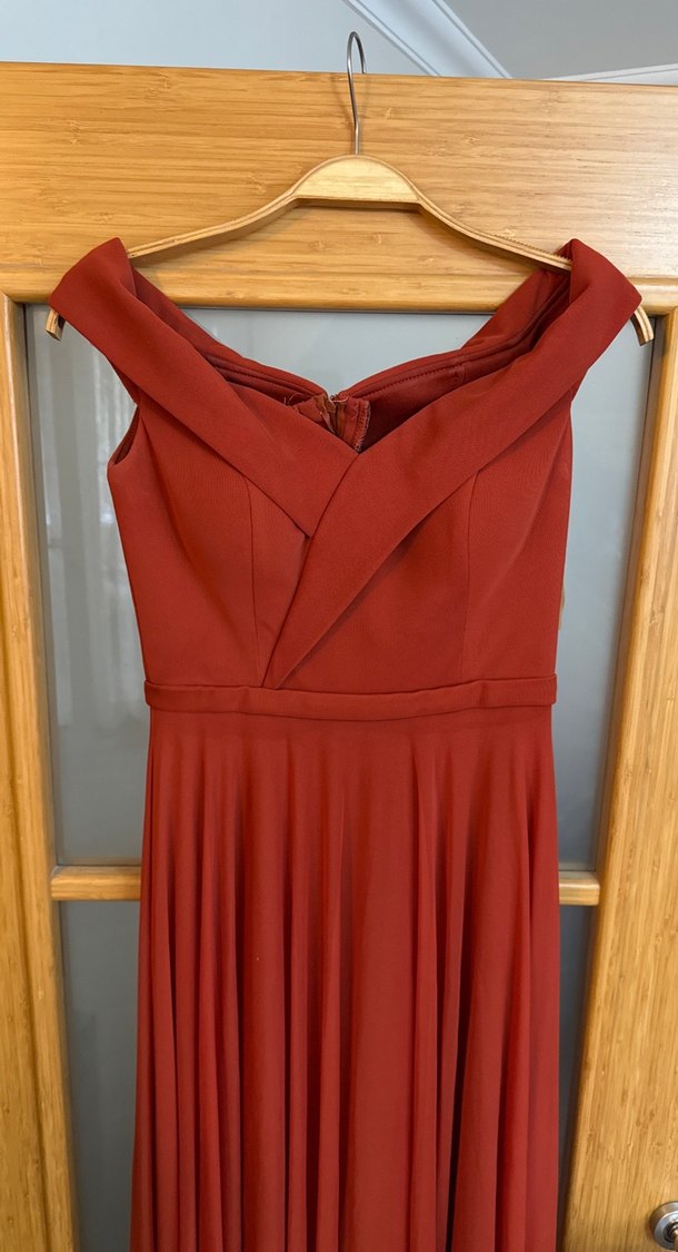 Kırmızı Uzun Drapeli Straplez Abiye Elbise - Görsel 2