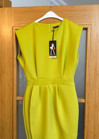 Sarı Drapeli Midi Kalem Elbise - Görsel 3