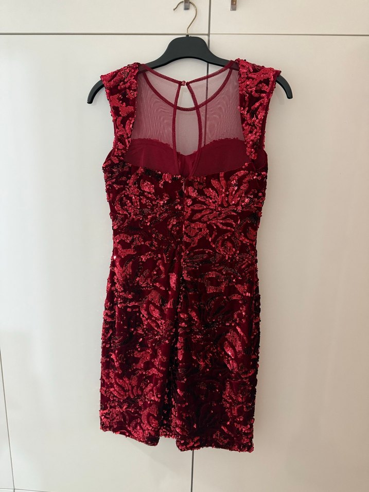 Bordo Dantel Detaylı V Yaka Midi Elbise - Görsel 2