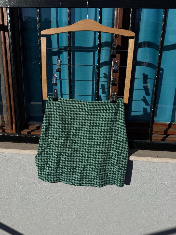 Düğmeli Yeşil Ekose Salaş Kadın etekli takım - Görsel 5