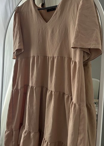 Bej V Yaka Midi Keten Elbise - Görsel 3