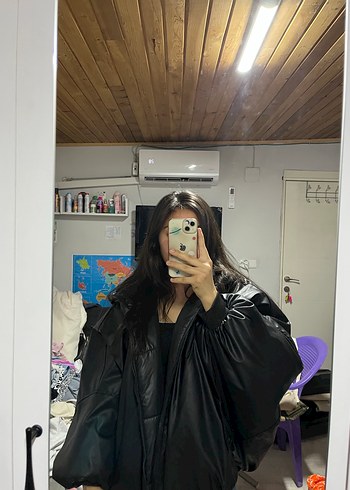 Kadın Siyah Deri Oversize Ceket - Görsel 2