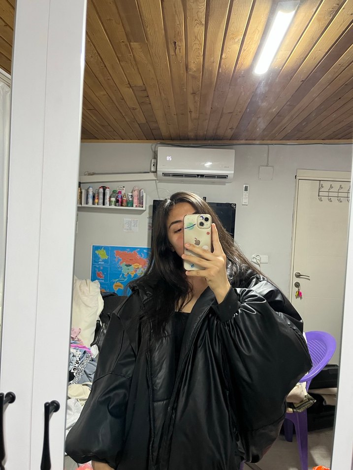 Kadın Siyah Deri Oversize Ceket - Görsel 3