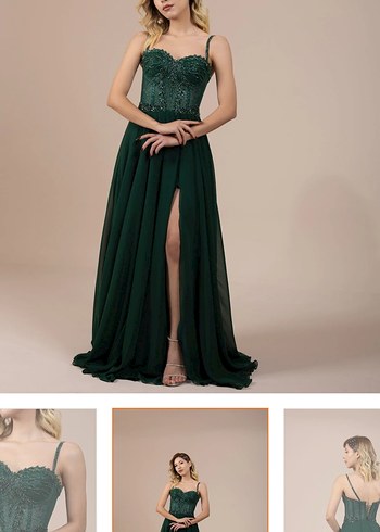 Dantel İşlemeli Yeşil Uzun Abiye Elbise - Görsel 2