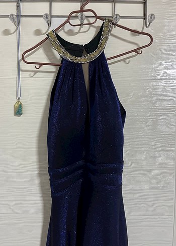 Mavi Uzun Drapeli Kadın Abiye Elbise - Görsel 4