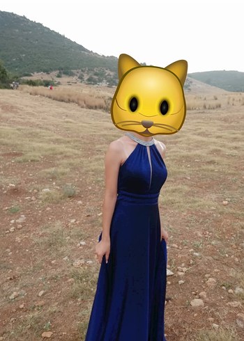 Mavi Uzun Drapeli Kadın Abiye Elbise - Görsel 3