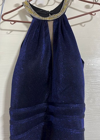 Mavi Uzun Drapeli Kadın Abiye Elbise - Görsel 7