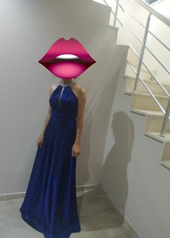 Mavi Uzun Drapeli Kadın Abiye Elbise - Görsel 2