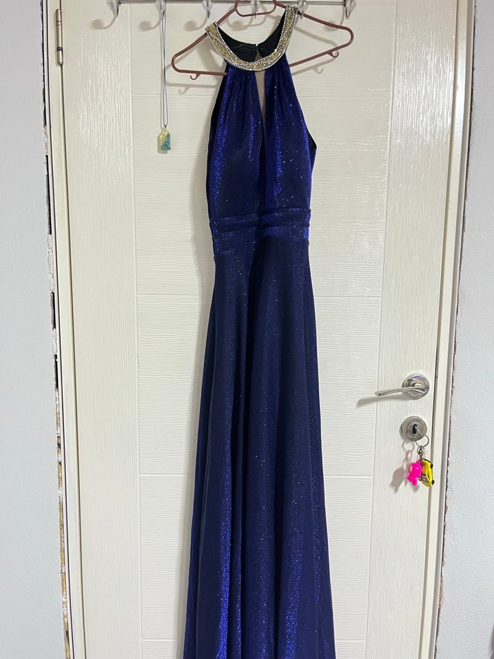 Mavi Uzun Drapeli Kadın Abiye Elbise - Görsel 5