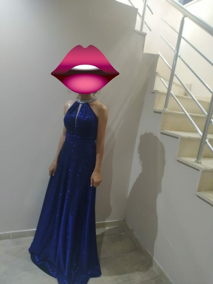 Mavi Uzun Drapeli Kadın Abiye Elbise - Görsel 2