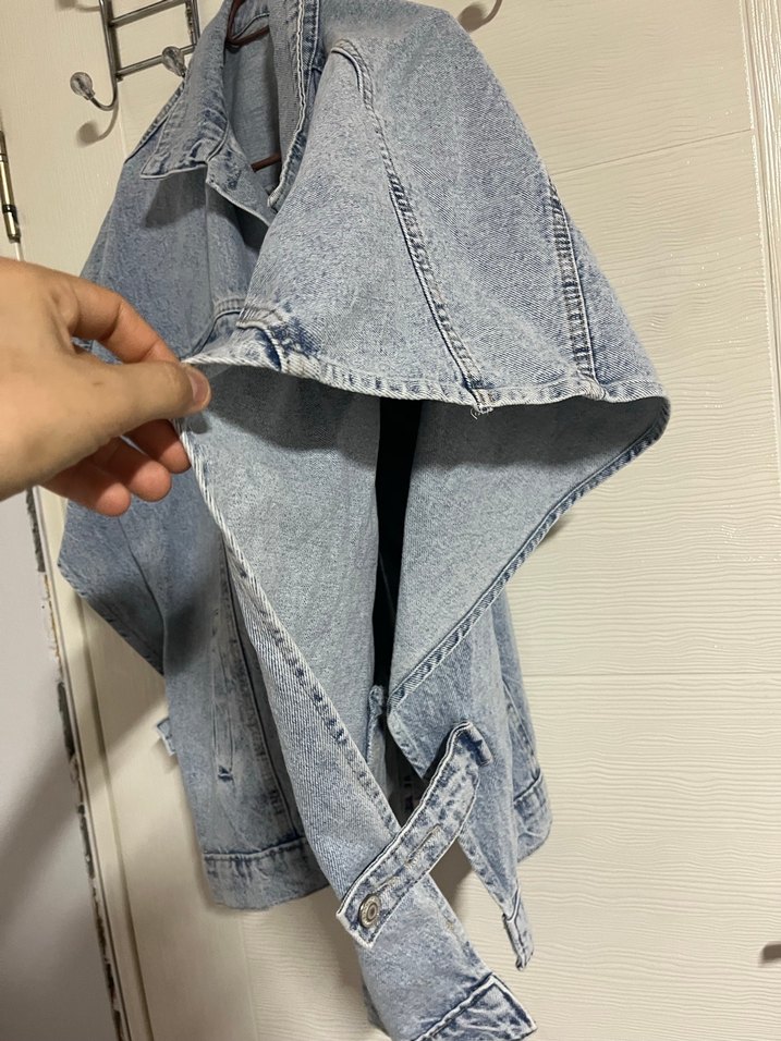 Düğmeli Kısa Kollu Mavi Kot Ceket - Görsel 5