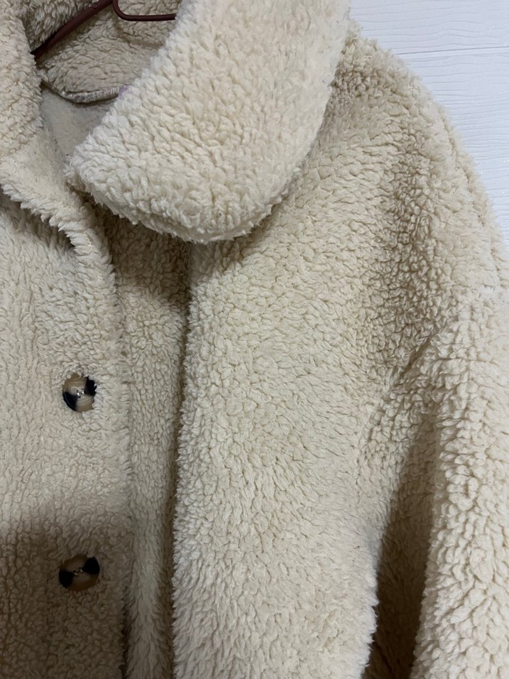 Bej Peluş Kadın Midi Mont - Görsel 5