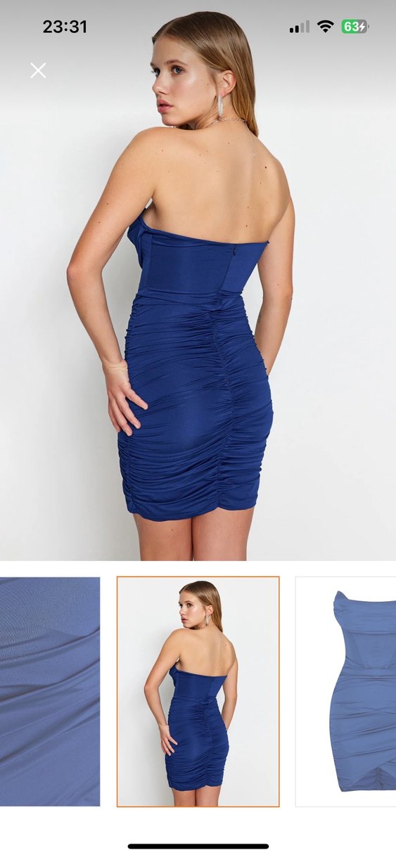 Sırtı Açık Drapeli Mini Mavi Elbise - Görsel 2