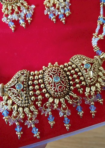 hindistan'dan altın rengi mavili takı seti - Görsel 7