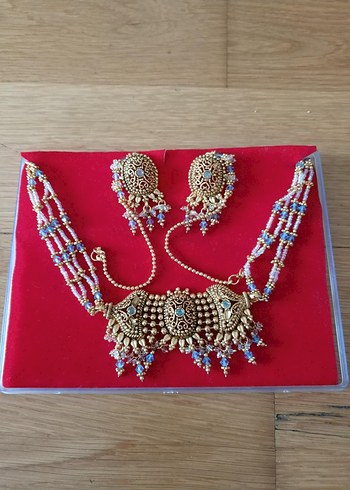 hindistan'dan altın rengi mavili takı seti - Görsel 6