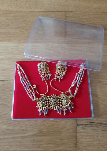 hindistan'dan altın rengi mavili takı seti - Görsel 4