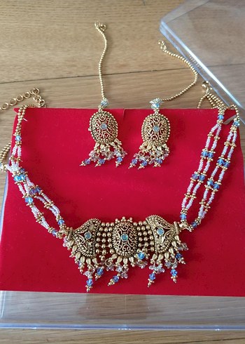 hindistan'dan altın rengi mavili takı seti - Görsel 2