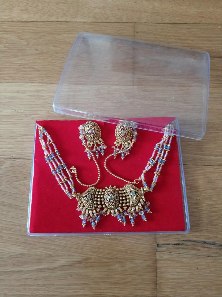 hindistan'dan altın rengi mavili takı seti - Görsel 4