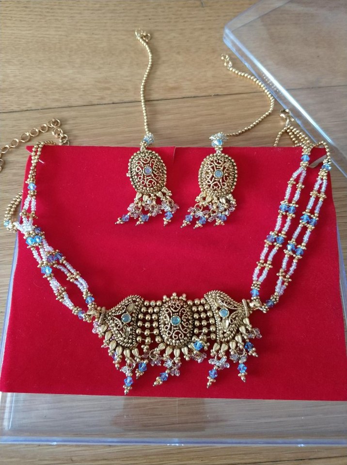 hindistan'dan altın rengi mavili takı seti - Görsel 2