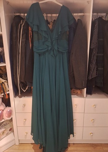 Uzun Yeşil V Yaka Drapeli Elbise - Görsel 2