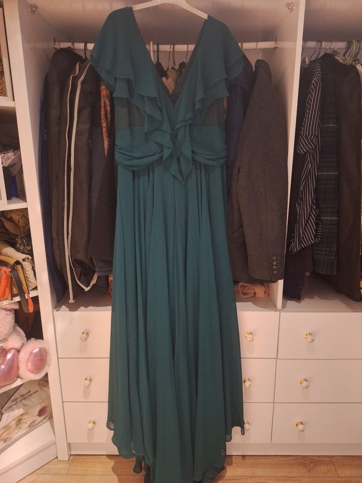 Uzun Yeşil V Yaka Drapeli Elbise - Görsel 2