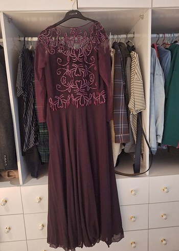 Mürdüm Nakışlı Uzun Abiye Elbise - Görsel 2