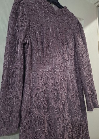 Uzun Kollu, Dantel Detaylı Mor Vintage Elbise - Görsel 3