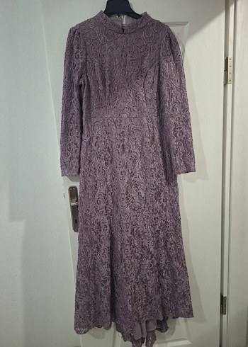 Uzun Kollu, Dantel Detaylı Mor Vintage Elbise - Görsel 2