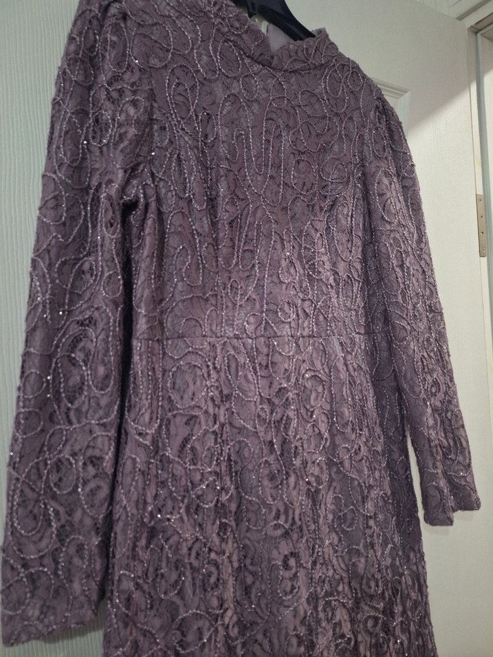Uzun Kollu, Dantel Detaylı Mor Vintage Elbise - Görsel 3