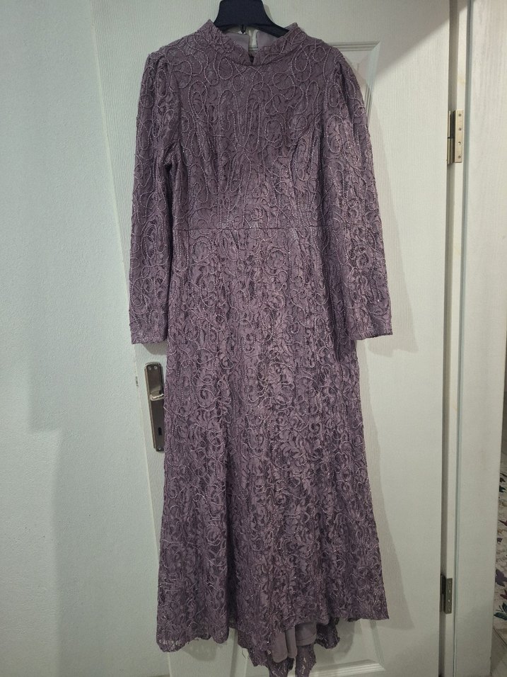 Uzun Kollu, Dantel Detaylı Mor Vintage Elbise - Görsel 2