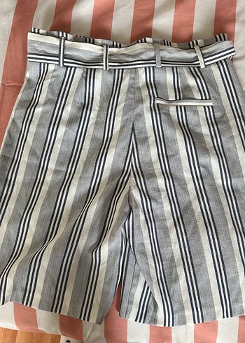 Çizgili Kemerli Gri Keten kapri - Görsel 2