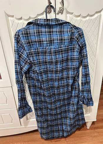 Düğmeli Mavi Kareli Gömlek Elbise - Görsel 2