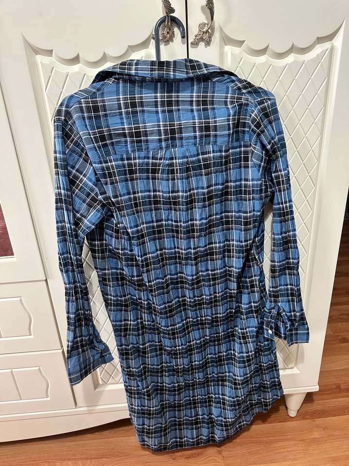 Düğmeli Mavi Kareli Gömlek Elbise - Görsel 2