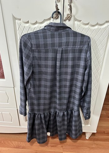 Mor/Gri Ekose Düğmeli Gömlek Elbise - Görsel 2