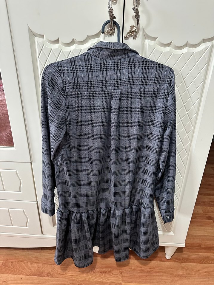 Mor/Gri Ekose Düğmeli Gömlek Elbise - Görsel 2