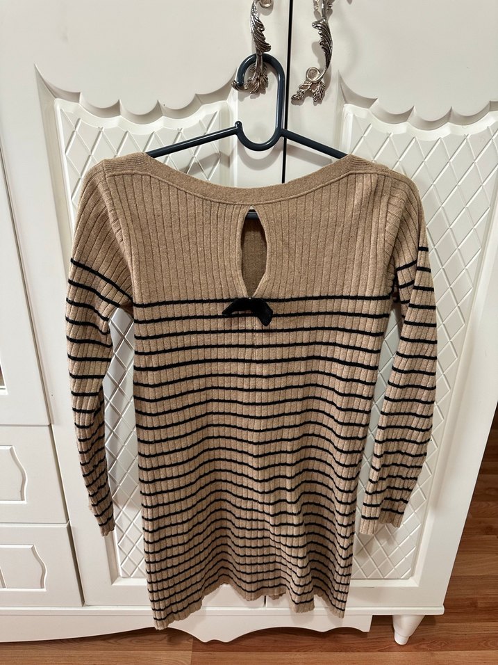 Kurdele Kahverengi Çizgili Triko Elbise - Görsel 2