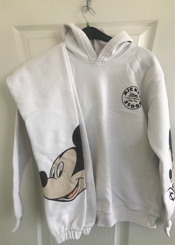 Beyaz Mickey Mouse Baskılı Kapüşonlu Sweatshirt eşofman takım
