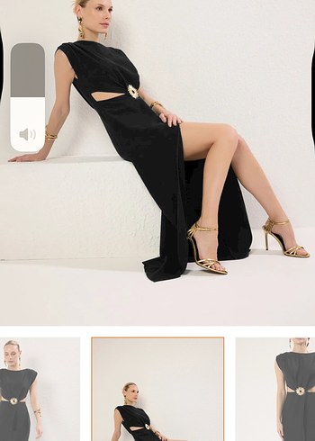 Siyah Yaka detaylı Kemer broşlu Uzun Kadın Elbise - Görsel 5