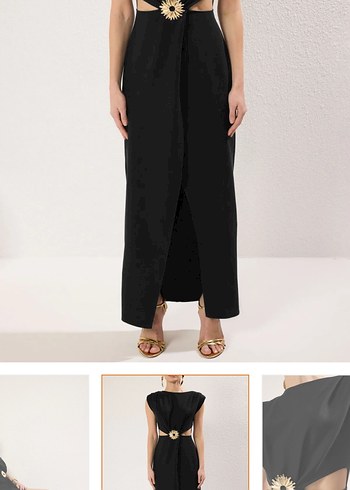 Siyah Yaka detaylı Kemer broşlu Uzun Kadın Elbise - Görsel 6