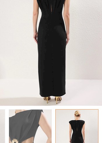 Siyah Yaka detaylı Kemer broşlu Uzun Kadın Elbise - Görsel 8