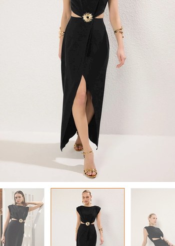 Siyah Yaka detaylı Kemer broşlu Uzun Kadın Elbise - Görsel 4