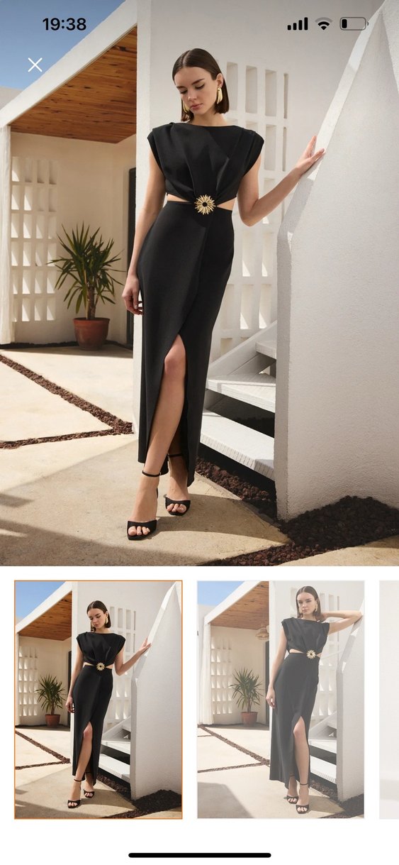 Siyah Yaka detaylı Kemer broşlu Uzun Kadın Elbise - Görsel 2