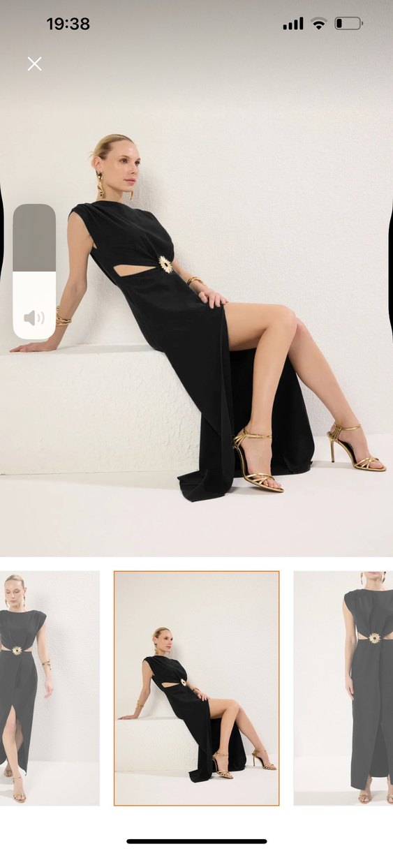 Siyah Yaka detaylı Kemer broşlu Uzun Kadın Elbise - Görsel 5