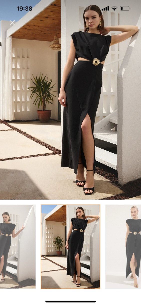 Siyah Yaka detaylı Kemer broşlu Uzun Kadın Elbise - Görsel 3