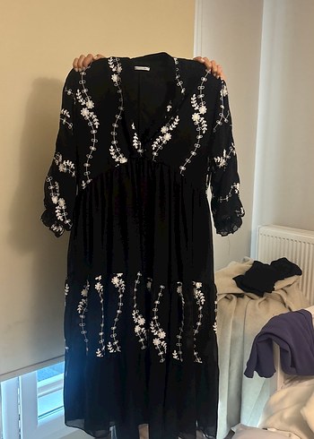 Nakışlı Siyah Uzun Bohem Elbise - Görsel 3