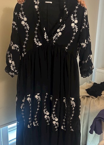 Nakışlı Siyah Uzun Bohem Elbise - Görsel 2