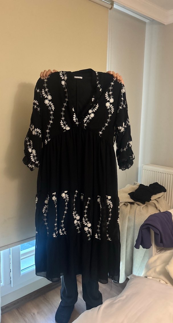 Nakışlı Siyah Uzun Bohem Elbise - Görsel 3