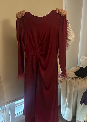 Bordo Uzun Kollu Drapeli Kadın Abiye Elbise - Görsel 2