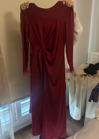 Bordo Uzun Kollu Drapeli Kadın Abiye Elbise - Görsel 3