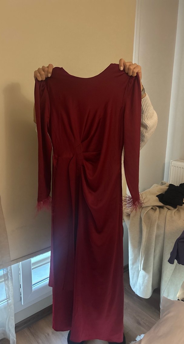 Bordo Uzun Kollu Drapeli Kadın Abiye Elbise - Görsel 2